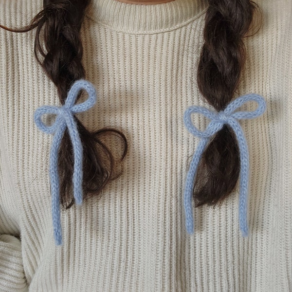 Set of Thin Hand-Knit Mohair Hair Bows | Knit Ribbon