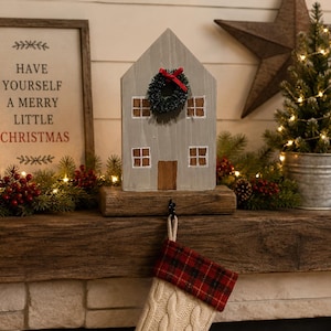White Wooden House Stocking Holder – Rustic Farmhouse Christmas Mantel Decor