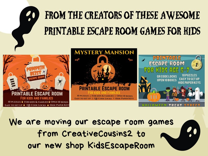 May include: Three printable Halloween escape room games for kids. The games are "Pumpkin Heist Escape Room", "Mystery Mansion Printable Escape Room", and "Halloween Treat Street Printable Escape Room".