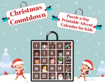 May include: A printable Christmas countdown advent calendar for kids. The calendar is shaped like a brown suitcase with 22 numbered doors. Each door has a different Christmas-themed image behind it. The calendar is surrounded by snowflakes and a blue background. The text "KIDS ESCAPE ROOM" is at the top of the image. The text "Christmas Countdown" is in a red circle with holly leaves. The text "Puzzle a Day Printable Advent Calendar for Kids" is in a blue circle with holly leaves. The text "COUNTDOWN TO CHRISTMAS" is at the bottom of the image.