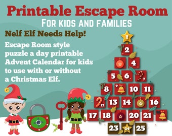 May include: Printable Escape Room Advent Calendar for kids and families. The calendar features a Christmas tree with 25 numbered doors, each with a different holiday-themed image. The text "Nelf Elf Needs Help!" is at the top of the image.
