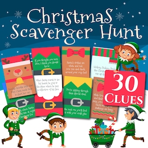 Christmas Scavenger Hunt Clues, Christmas Treasure Hunt, Christmas Scavenger Hunt Printable, Christmas game activity for kids & teens, Elf