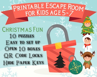Könnte beinhalten: Ein druckbares Escape Room-Spiel zum Thema Weihnachten für Kinder im Alter von 5-7 Jahren, mit einem roten Vorhängeschloss mit einem Weihnachtsbaum-Design. Das Bild enthält den Text "Christmas Fun", "10 Puzzles" und "Easy to Set Up". Niedliche Cartoon-Figuren in festlichen Kostümen sind ebenfalls abgebildet.