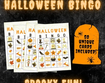 Halloween Bingo Game: 50 Printable Cards, Kids Party (Digital Download)