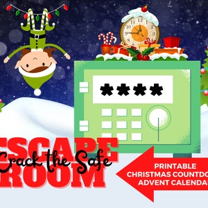 Peut inclure: Illustration festive pour un jeu d'évasion sur le thème de Noël. L'image présente un coffre-fort vert avec des astérisques, un elfe à l'envers, des sapins de Noël et le texte "Escape Room Crack the Safe". Une flèche rouge pointe vers "Calendrier de l'Avent de compte à rebours de Noël imprimable".