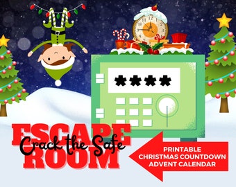 May include: A Christmas-themed illustration for an escape room game. The image shows a green safe with asterisks, an upside-down elf, Christmas trees, and the text "Escape Room Crack the Safe". A red arrow points to "Printable Christmas Countdown Advent Calendar".