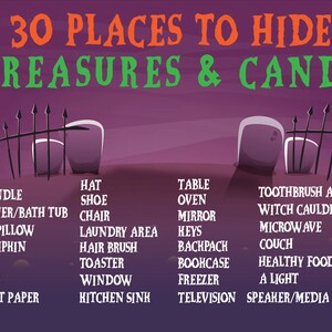 May include: A purple and black Halloween-themed illustration with a list of 30 places to hide treasures and candy. The list includes items like a candle, shower, bed, pumpkin, BBQ, plate, toilet paper, hat, shoe, chair, laundry area, hair brush, toaster, window, kitchen sink, table, oven, mirror, keys, backpack, bookcase, freezer, television, toothbrush area, witch cauldron, microwave, couch, healthy food area, a light, and speaker/media player.