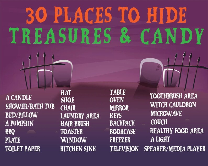 May include: A purple and black Halloween-themed illustration with a list of 30 places to hide treasures and candy. The list includes items like a candle, shower, bed, pumpkin, BBQ, plate, toilet paper, hat, shoe, chair, laundry area, hair brush, toaster, window, kitchen sink, table, oven, mirror, keys, backpack, bookcase, freezer, television, toothbrush area, witch cauldron, microwave, couch, healthy food area, a light, and speaker/media player.