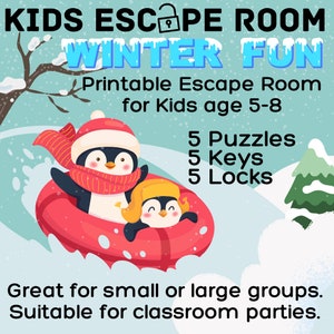 Puede incluir: Juego de escape imprimible para niños de 5 a 8 años con dos pingüinos en un flotador de nieve. El juego incluye 5 rompecabezas, 5 llaves y 5 cerraduras. El texto "KIDS ESCAPE ROOM WINTER FUN" está en la parte superior de la imagen.