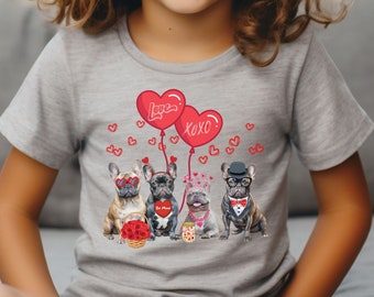 Kids Valentine Shirt, Cute French Bulldogs, Dog Lover, Valentines Day Shirt, Valentine Frenchie Dog Lovers Shirt for Kids