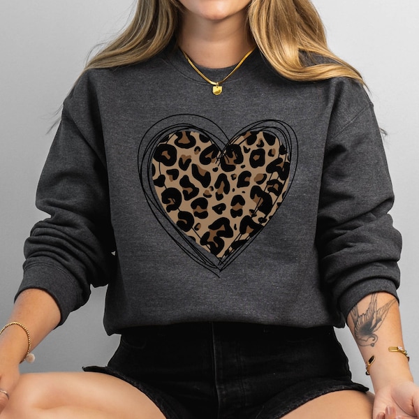 Leopard Print Heart Shirt  Cute Women's Valentine Sweatshirt  Gift for Her  Animal Print Leopard Heart Sweatshirt