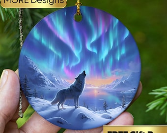 Northern Lights Ornament: Wolf Family, Mountain Forest Scene