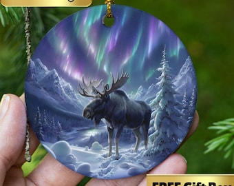Northern Lights Moose Ornament, Mountain Forest Scene, Porcelain Christmas Gift