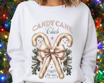 Coquette Christmas Sweatshirt: Vintage Candy Cane Graphic