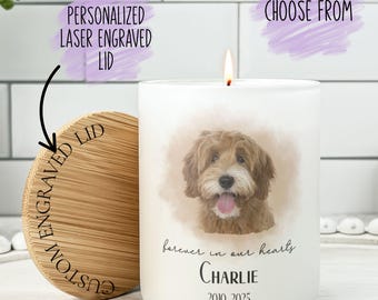 Pet Portrait Memorial Gift Candle: Dog Cat Memory Gift, Engraved Bamboo Lid CJ15