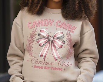 Coquette Christmas Sweatshirt: Pink Candy Cane Bow Social Club Style Pullover