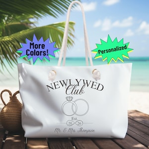 Custom Honeymoon Beach Tote Bag, Mr and Mrs Just Married Newlywed Personalized Wedding Gift, Bridal Tote Honeymoon Gift TB002
