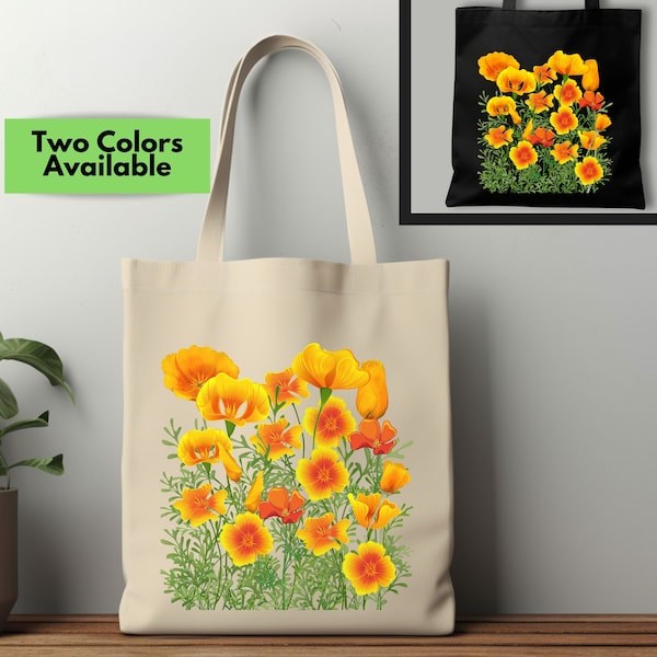 Wildflower Canvas Tote Bag, Orange California Poppy Reusable Canvas Grocery Bag, Womens Farmers Market Bag, August Birth Month Flower Gift