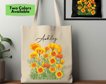 Personalized Orange California Poppy Tote Bag, Name Canvas