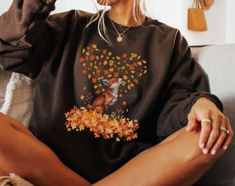 Autumn Fox Sweatshirt, Floral Heart Leaves, Woodland Animal Lover
