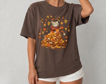 Autumn Cat Shirt: Comfort Colors Fall Leaves Tee