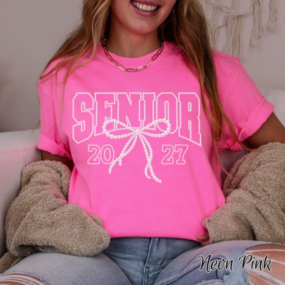 Senior Graduate Shirt Class of 2027 Pearl Bow Varsity Tee Comfort Colors (Faux Pearl) 069