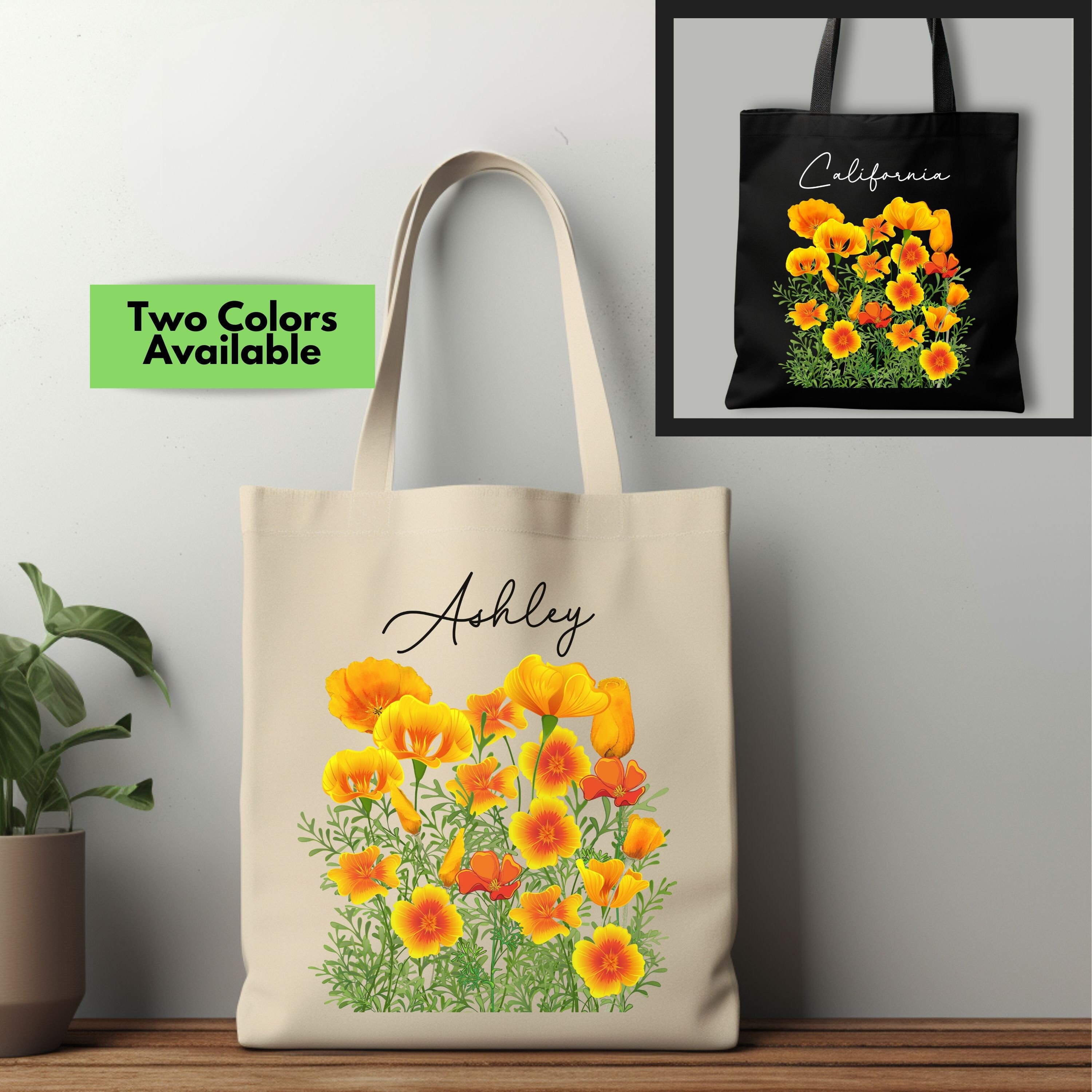 Personalized Orange California Poppy Tote Bag, Name Canvas