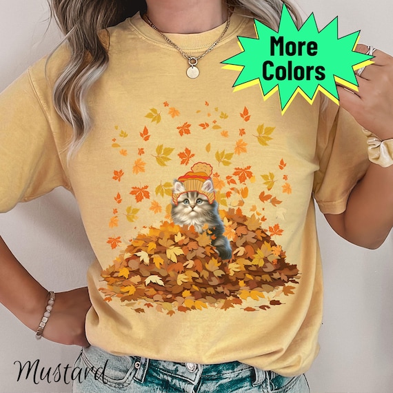 Fall Cat Shirt: Kitten in Leaves, Autumn Colors, Cat Mom Gift