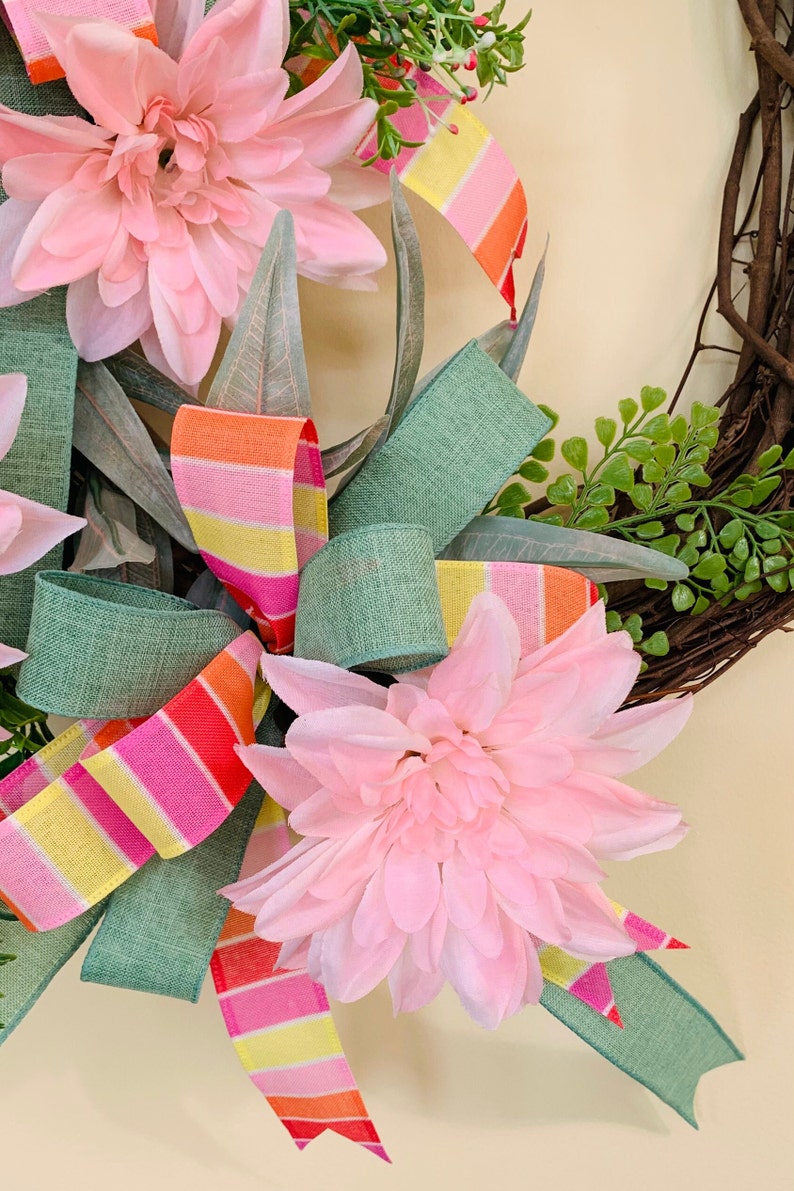 Beautiful Pink Floral Front Door Wreath, Spring and Summer Door and