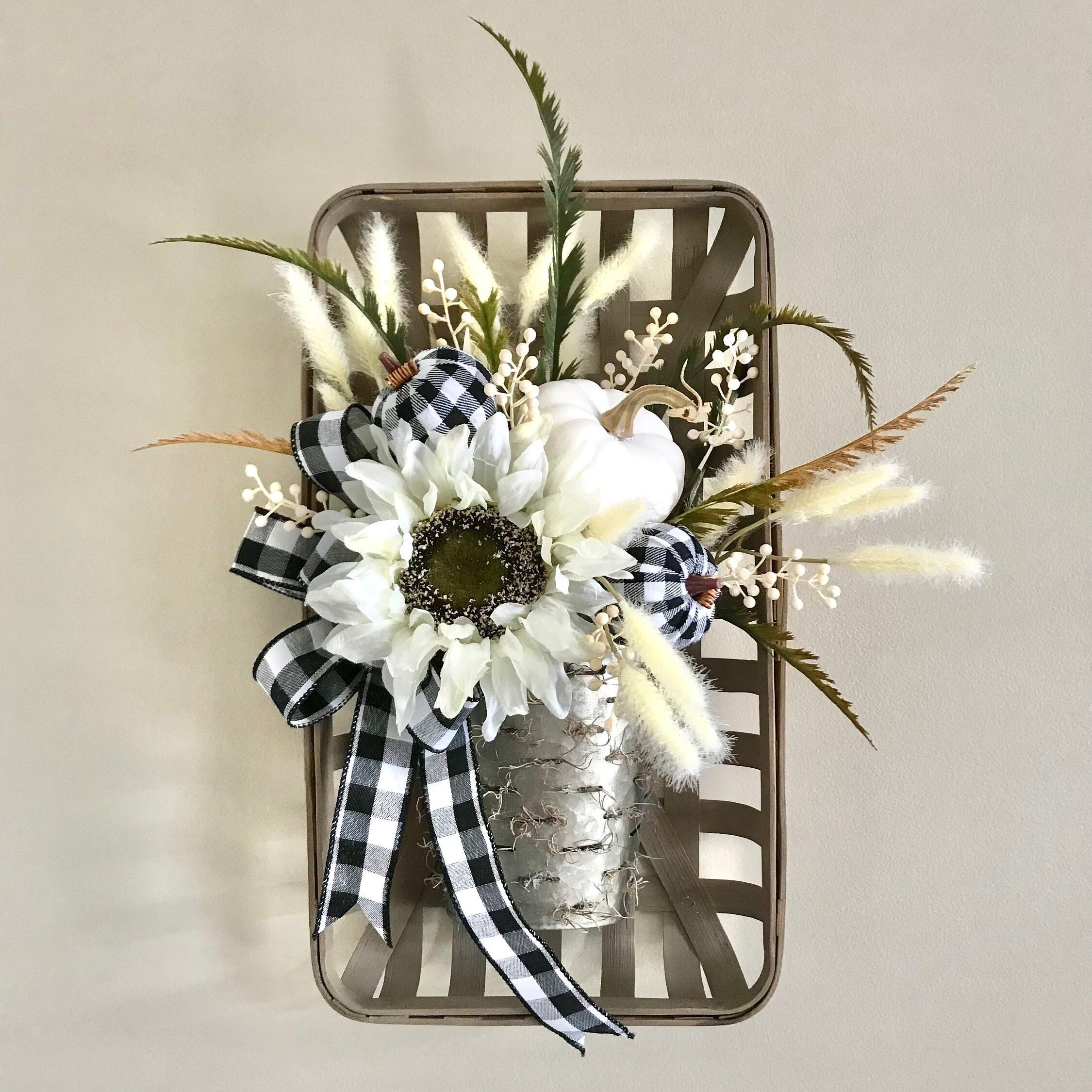 Tobacco Basket Indoor Decoration with Sunflower Pumpkin and Berries Fall  themed black and White Decorative Adornment Farmhouse Wall Decor