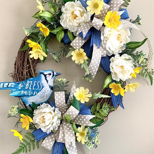 Spring Summer Door Wreath Cream Peony and Yellow Daisies Floral Wreath Blue Bird Signed Adorned Farmhouse Everyday Wreath Door Decoration