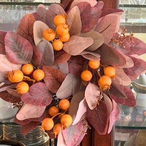 Fall Autumn Candle Ring, Centerpiece candle ring, Fall color Eucalyptus and Orange berry Wreath, Lightweight Over the Door Mini Wreath