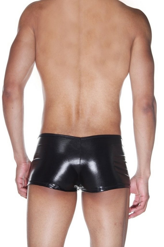 Black Zippered Boxer Lacquer Leather Men's Tight Sexy Panties