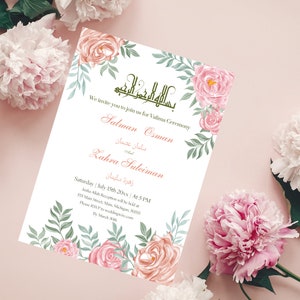 Carte d'invitation de mariage musulman numérique Nikkah Floral rose clair et orange personnalisée, invitation de mariage islamique, carte E-vite