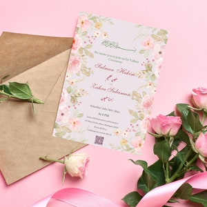 Carte d’invitation de mariage musulmane numérique Nikkah florale rose clair personnalisée, invitation de mariage islamique, carte E-vite + code QR