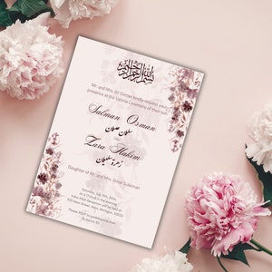 Carte d’invitation de mariage musulmane numérique personnalisée rouge et rose Nikkah, invitation de mariage islamique, carte E-vite, annonce de mariage