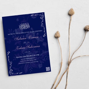 Carte d'invitation de mariage musulman numérique Nikkah Floral bleu marine personnalisée, invitation de mariage islamique, carte E-vite + code QR