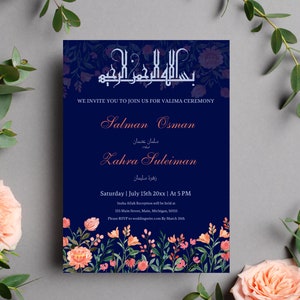 Carte d'invitation de mariage musulman numérique bleu marine et orange Nikkah personnalisée, invitation de mariage islamique, carte E-vite, faire-part de mariage