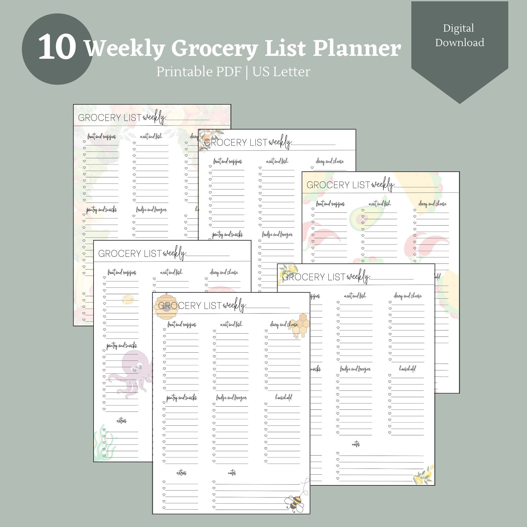 Printable Grocery List Planner PDF Digital Planner Weekly Planner ...