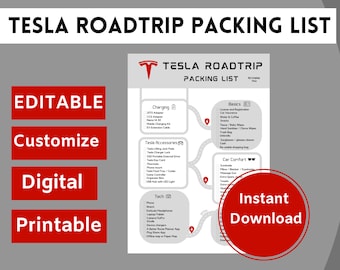 Tesla Roadtrip Packing List (Digital, EDITABLE, Customizable)