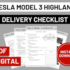 Op de afbeelding: Een checklist voor de levering van een Tesla Model 3 Highland. De checklist bevat secties voor exterieur, interieur en notities. De checklist is een digitale PDF-download.
