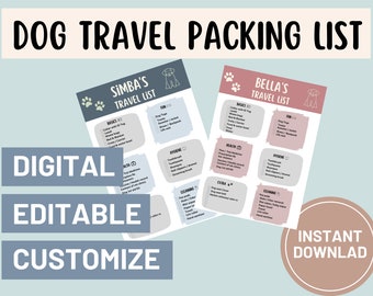 Dog Travel Packing List, EDITABLE, CUSTOMIZE