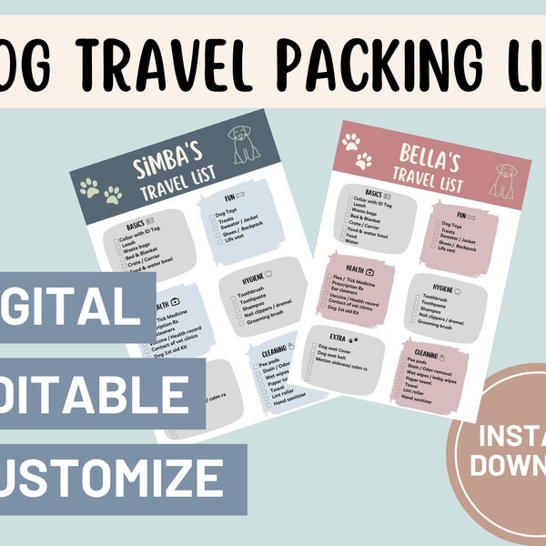 Dog Travel Packing List, EDITABLE, CUSTOMIZE