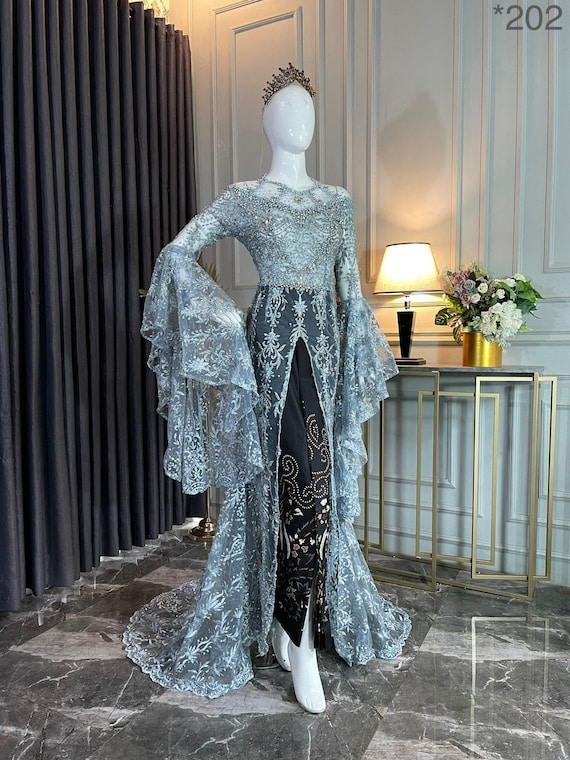 Sequin Lace Kebaya Wedding Dress - Indonesian Baju Nikah with Batik Skirt