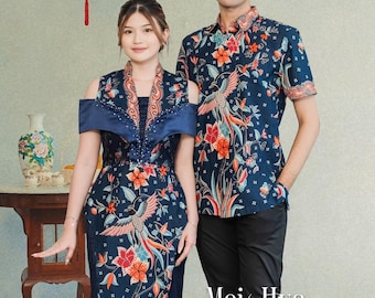 Navy Batik Couple Outfit Set, Phoenix Bird Print Dress & Men Shirt, Matching Asian Wedding Guest Outfit, Formal Couple Wear