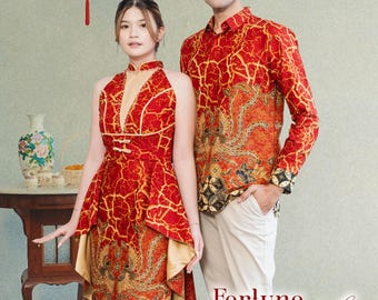 Rode batikset voor koppels, elegante formele trouwoutfit, Indonesische culturele kleding