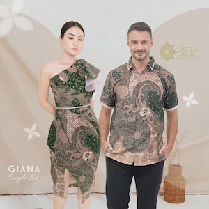Conjunto de pareja de batik, vestido y camisa kebaya indonesios, atuendo para invitados de boda.