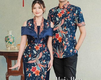 Marineblauwe gebloemde vogelbatikset voor koppels | Bijpassende outfit voor bruiloftsgast