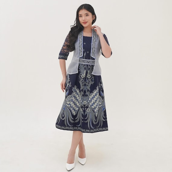 batik formal dresses Navy Midi Dress | Women Dress | Ethnic Inspired Fashion satin pleated dress