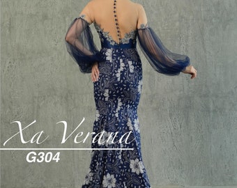 Aangepaste blauwe batik kebaya-jurk, elegante avondjurk zonder rug, handgemaakte Indonesische formele kleding voor bruiloft en gala, formele jurk batikbrokaat